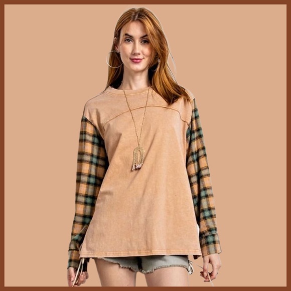 EASEL "In Your Dreams" Loose Fit Mineral Wash & Long Flannel Sleeves Tunic Top - Picture 9 of 12